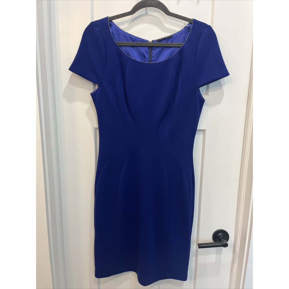 T Tahari Royal Blue Cap Sleeve Seamed Sheath‎ Exposed Zipper Down Back Size 8